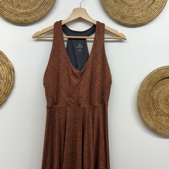 Prana Neutral Brown Racerback Cut Out Asymmetrical Midi Saxon Dress Large Sporty - Picture 4 of 8